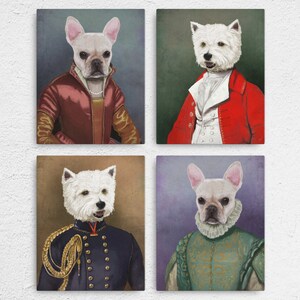 May include: Four digital paintings of dogs dressed in historical clothing. The first image shows a white French Bulldog wearing a red and gold outfit. The second image shows a white Westie wearing a red and white outfit. The third image shows a white Westie wearing a blue and gold outfit. The fourth image shows a white French Bulldog wearing a green and gold outfit.