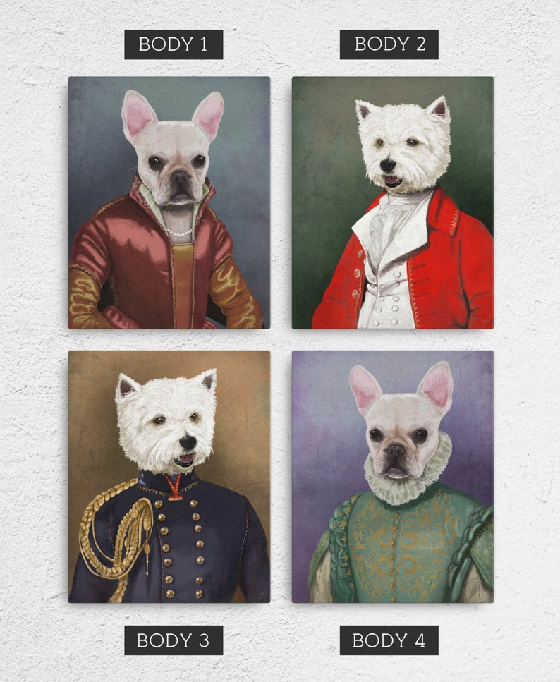 May include: Four digital paintings of dogs dressed in historical clothing. The first image shows a white French Bulldog wearing a red and gold outfit. The second image shows a white Westie wearing a red and white outfit. The third image shows a white Westie wearing a blue and gold outfit. The fourth image shows a white French Bulldog wearing a green and gold outfit.