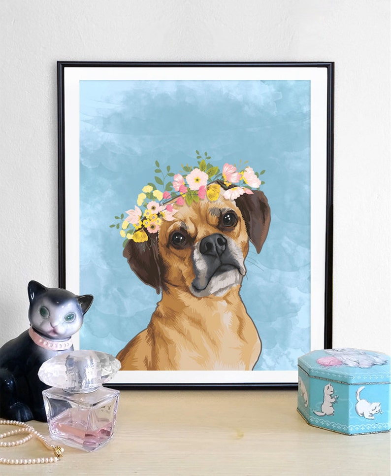 Flower Crown Pet Portrait, Custom pet portrait perfect for funny pet gifts to pet loss memorial, flower dog portrait, dog painting, pet image 3