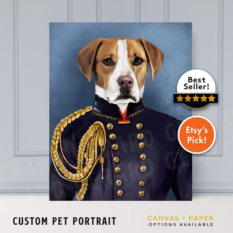 May include: A custom pet portrait of a dog wearing a blue military uniform with gold trim and a gold braid. The dog has brown and white fur and is looking directly at the viewer. The background is a light blue color. The text "Best Seller!" and "Etsy's Pick!" are visible in the image.