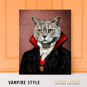 May include: A digital painting of a gray cat dressed as a vampire. The cat is wearing a black suit with a white collar and a red cape. The cat has a serious expression on its face.