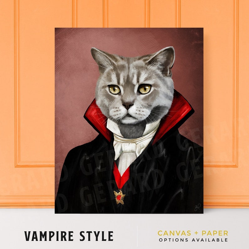 May include: A digital painting of a gray cat dressed as a vampire. The cat is wearing a black suit with a white collar and a red cape. The cat has a serious expression on its face.
