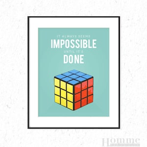Rubiks Cube poster, Nelson Mandela quote, It always seems impossible until it's done, perfect for any room, kids room, playroom poster image 1