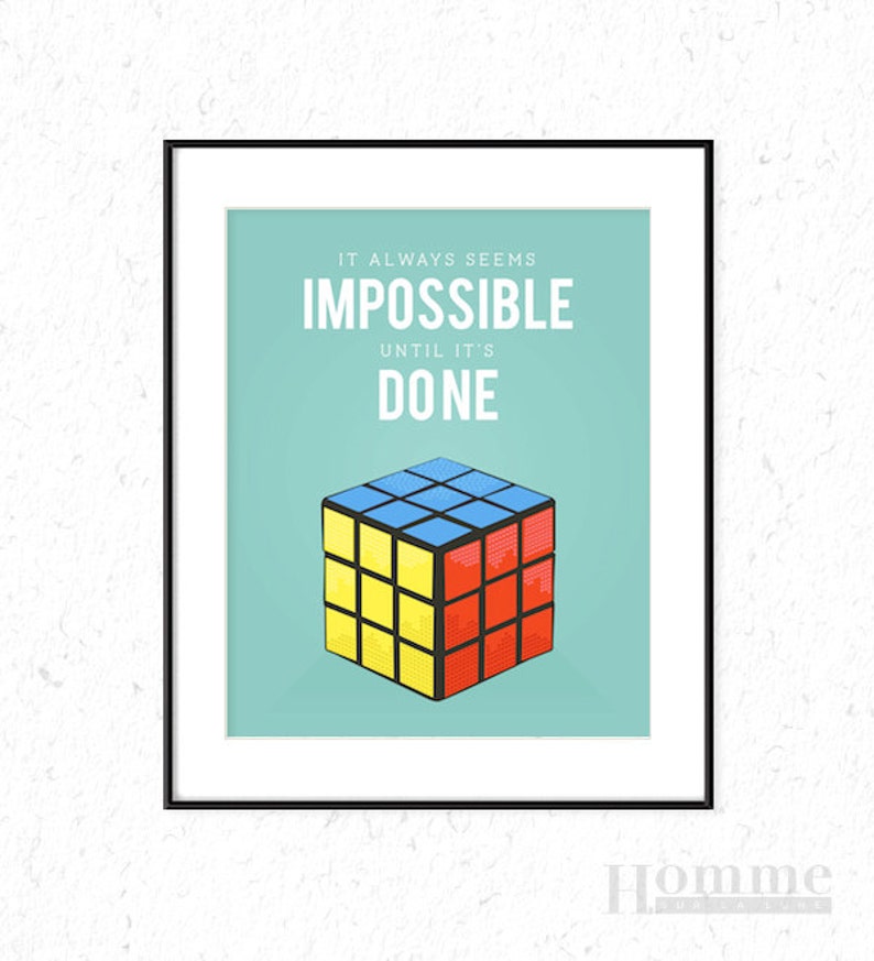 Rubiks Cube poster, Nelson Mandela quote, It always seems impossible until it's done, perfect for any room, kids room, playroom poster image 1