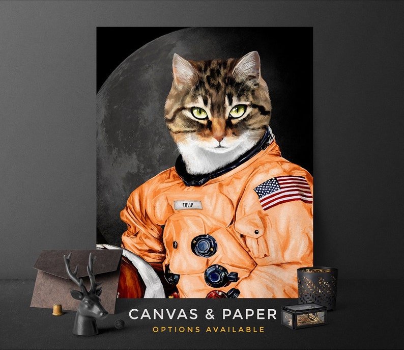 Custom Astronaut Pet, pet portraits, custom pet portrait, Space Pet Portrait, dog lover gift, unique gifts, dog portrait, funny gifts, pets Orange Suit Moon