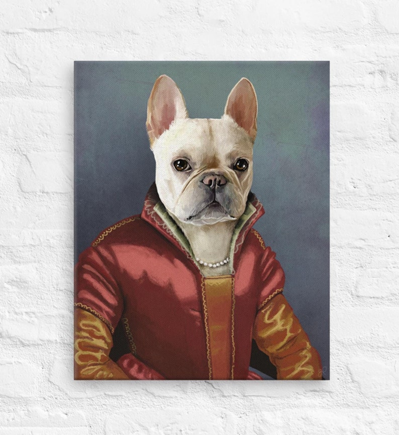 May include: A white French bulldog wearing a red and gold renaissance-style outfit with a pearl necklace. The dog is looking directly at the viewer.