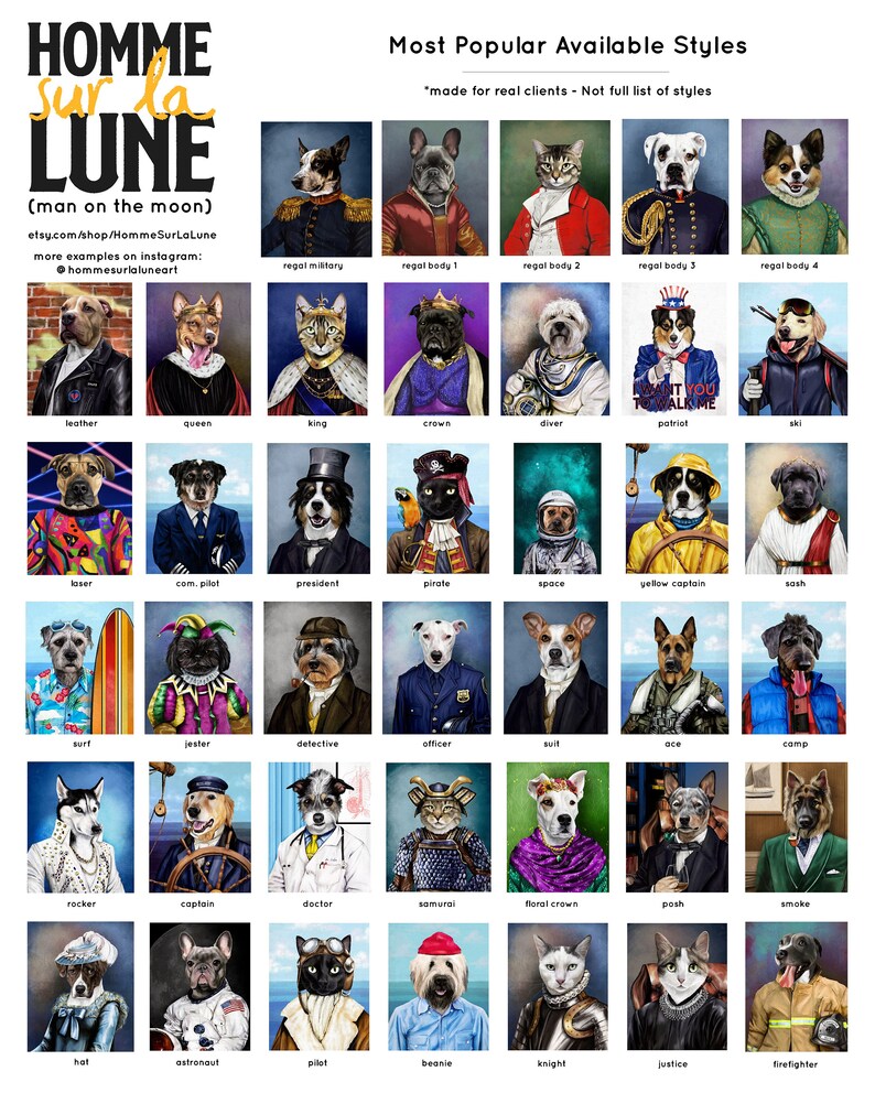 May include: A grid of images showing different styles of pet portraits, including a dog dressed as a pirate, a cat dressed as a knight, and a dog dressed as a firefighter. The text "Most Popular Available Styles" is at the top of the image. The text "made for real clients - Not full list of styles" is below the title.