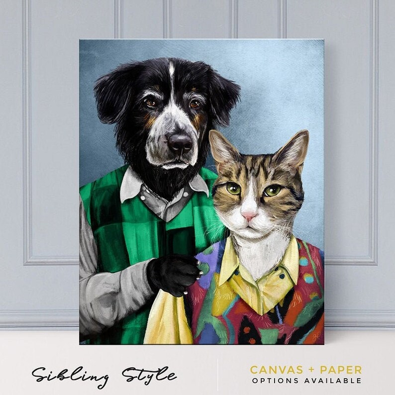 May include: A painting of a dog and cat wearing sweaters. The dog is wearing a green and white sweater and the cat is wearing a colorful sweater. The painting is in a sibling style.