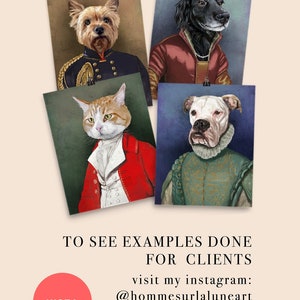 Puede incluir: Cuatro pinturas digitales de mascotas con ropa de estilo renacentista. Las pinturas est&aacute;n enmarcadas y colgadas en una pared. Las mascotas incluyen un Yorkshire Terrier, un Labrador Retriever negro, un gato atigrado y un Bulldog blanco.