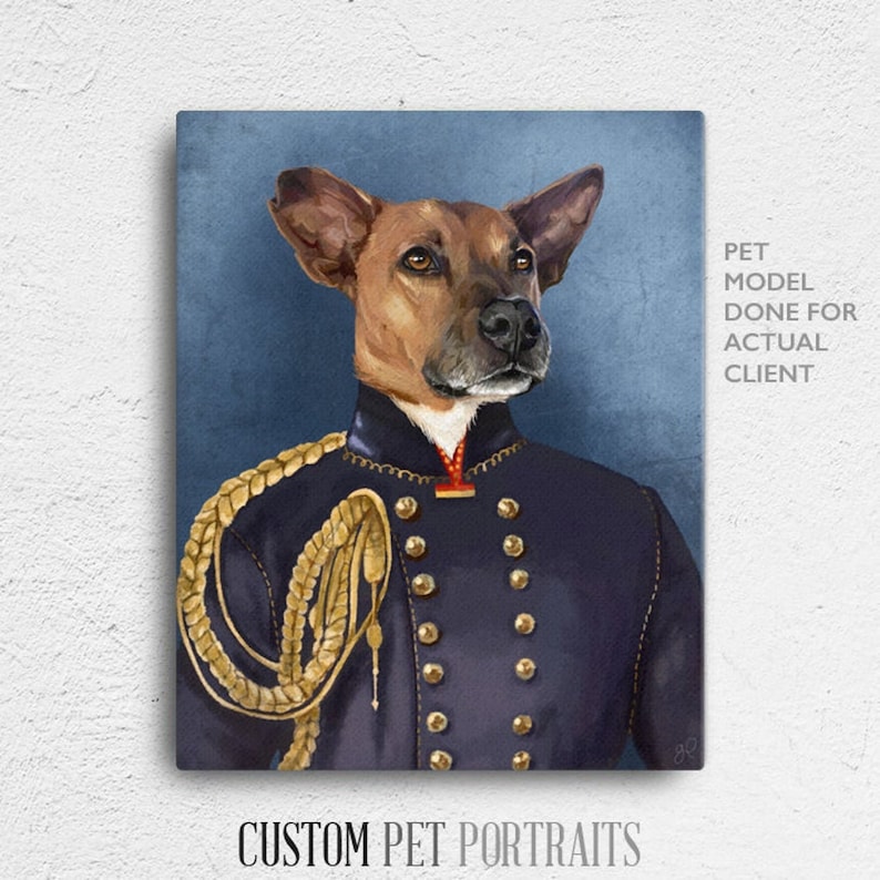 May include: A painting of a dog wearing a blue military uniform with gold trim and a gold braid. The dog has brown fur and is looking directly at the viewer. The background is a light blue color. The text "PET MODEL DONE FOR ACTUAL CLIENT" is in the upper right corner of the image.