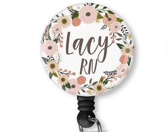 Custom Name Floral RN Nurse Badge Reel, Nurse Badge Reel, Retractable ID Badge, Personalized ID Holder