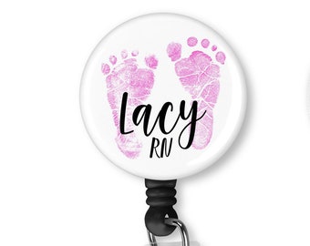 Pink Baby Feet RN Nurse Badge Reel, Nurse Badge Reel, Retractable ID Badge, Personalized ID Holder