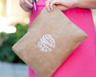 Burlap Monogram Zip Pouch, Cosmetic Bag, Small Zip Purse, Personalized Bridesmaid Gift, Monogram Bag