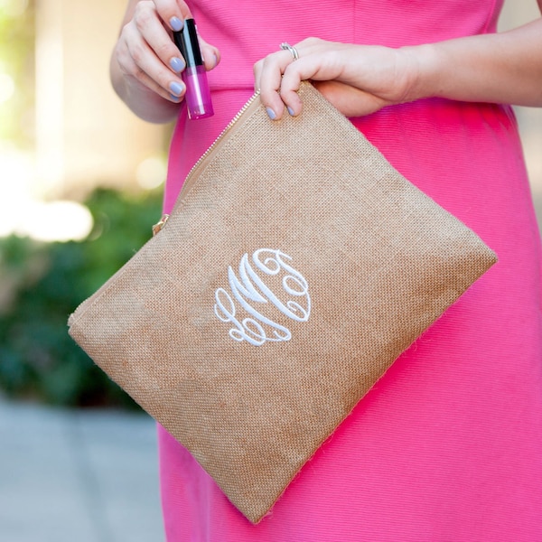 Burlap Monogram Zip Pouch, Cosmetic Bag, Small Zip Purse, Personalized Bridesmaid Gift, Monogram Bag
