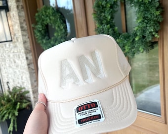 Monogram Two Tone Initial Foam Trucker Hat, Embroidered Baseball Cap