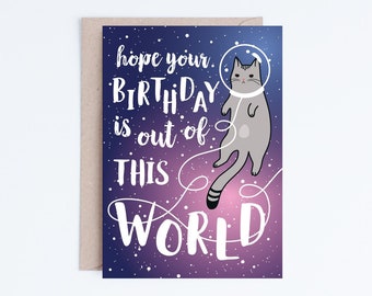 Galaxy Printable Birthday Cards, Funny Space Cat Birthday Cards, Printable Cat Card, Kawaii, Cute, Grey Cat Card Digital Download, Catronaut