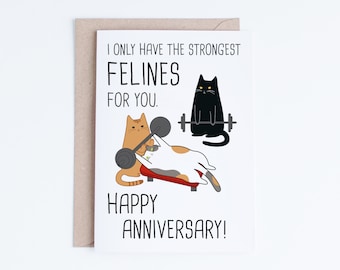 Printable Anniversary Cards, Funny Anniversary Black Cat Card Instant Download, Weight Lifting Cats, For Him, Punny, Husband, Boyfriend