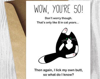 50th Birthday Card Printable, Funny Tuxedo Cat Birthday Card, Printable Black and White Cat Card, 50 Birthday Card Instant Download