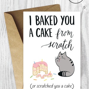 Geburtstagskarte zum Herunterladen, lustige Katzengeburtstagskarten, druckbare Katzenkarte, Karten für Freunde digitaler Download, graue Katzenkuchenkarte, Katzenkarten
