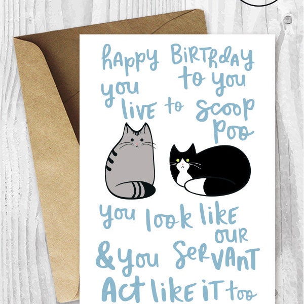 Funny Birthday Song Card from the Cats Printable, Funny Happy Birthday Poem Card,  Tabby Cat and Tuxedo Cat Card Instant Download