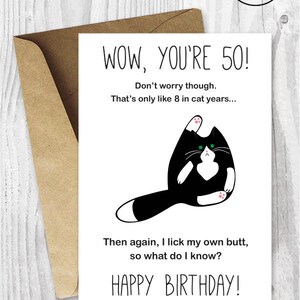 50e anniversaire carte imprimable, drôle Tuxedo chat carte d'anniversaire, imprimable chat noir et blanc carte, 50 anniversaire carte téléchargement immédiat