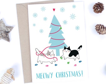 Printable Christmas Cards, Meowy Christmas Card, Mid Century Modern Christmas Card, Quirky Cat Card Download, Cats Christmas Tree Card