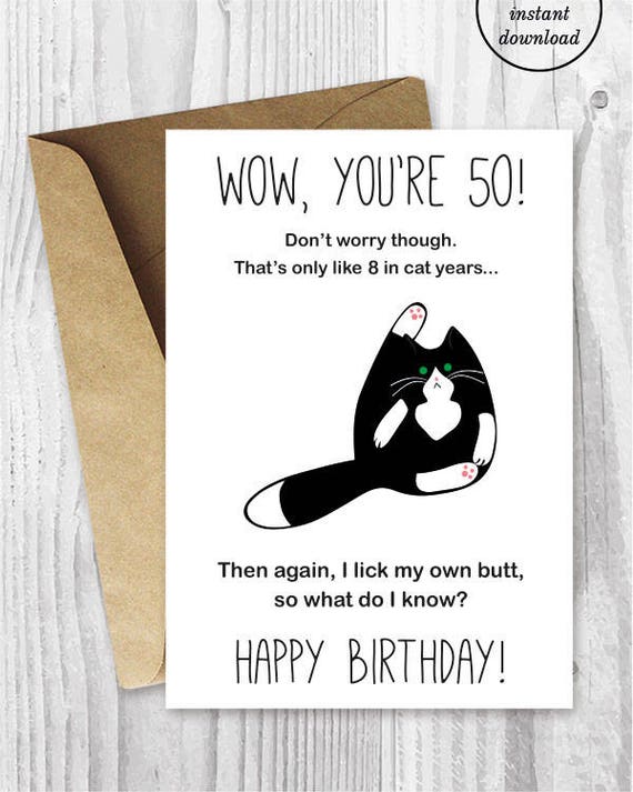 50th Birthday Card Printable Funny Tuxedo Cat Birthday Card | Etsy