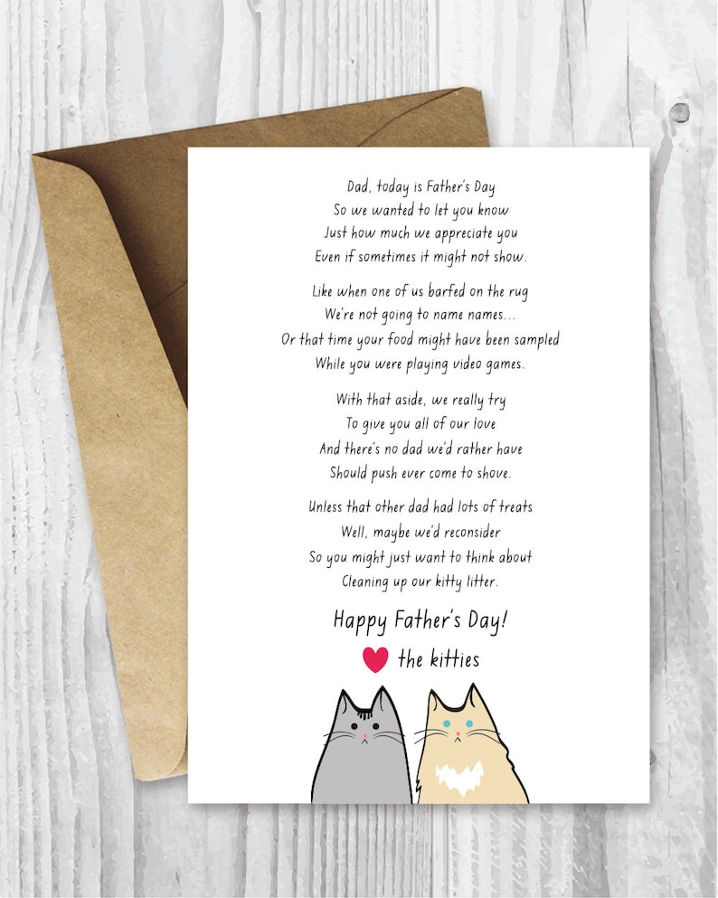 Pu&ograve; includere: Un biglietto di auguri per la festa del pap&agrave; con una poesia sui gatti e un cuore con il testo "Buon giorno del pap&agrave;! i gattini".