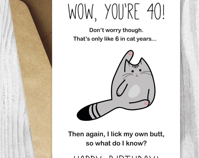 40th Birthday Card, Printable Birthday Card, Funny Cat Birthday Card ...