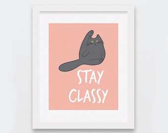 Manténgase con clase imprimibles de arte de melocotón, arte divertido del gato gris británico de pelo corto imprimible, impresión de arte del gato británico de pelo corto azul, impresiones divertidas del gato