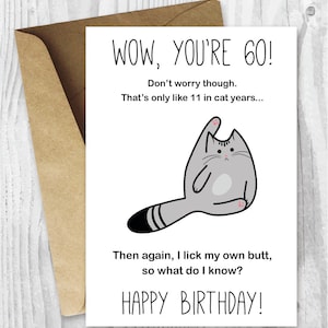 Carte 60e anniversaire, carte d'anniversaire imprimable, carte d'anniversaire drôle de chat, carte de vieillissement, carte imprimable de chat, téléchargement immédiat, 60 anniversaire