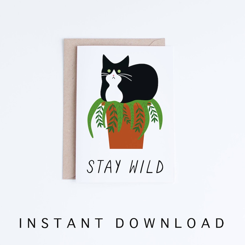 Just Because Card, Stay Wild Printable Card, Funny Cat Printable Cards, Funny Tuxedo Cat Card, Instant Download, Plant Cat Lady, For Friend image 1