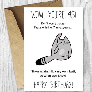 Carte d'anniversaire 45e, carte d'anniversaire imprimable, carte d'anniversaire chat drôle, carte vieillissante, carte chat imprimable, téléchargement immédiat, 45 anniversaire
