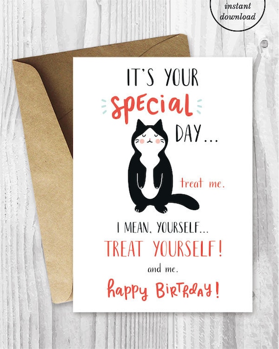 Funny Cat Birthday Cards Instant Download Treat Yourself | Etsy