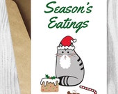 Printable Holiday Cards, Season's Eatings Cat Card, Funny Cat Christmas Digital Downloads, Funny Season's Greetings Cards for Cat Lovers