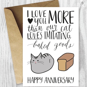 Tarjetas de aniversario, tarjeta de aniversario imprimible, tarjeta de aniversario divertida de Cat Loaf, te amo más tarjeta imprimible divertida, descarga instantánea