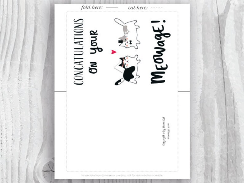 Wedding Card Printables, Marriage Cards, Funny Cat Marriage Card, Congratulations Card Instant Download, Concatulations on Your Meowage image 2