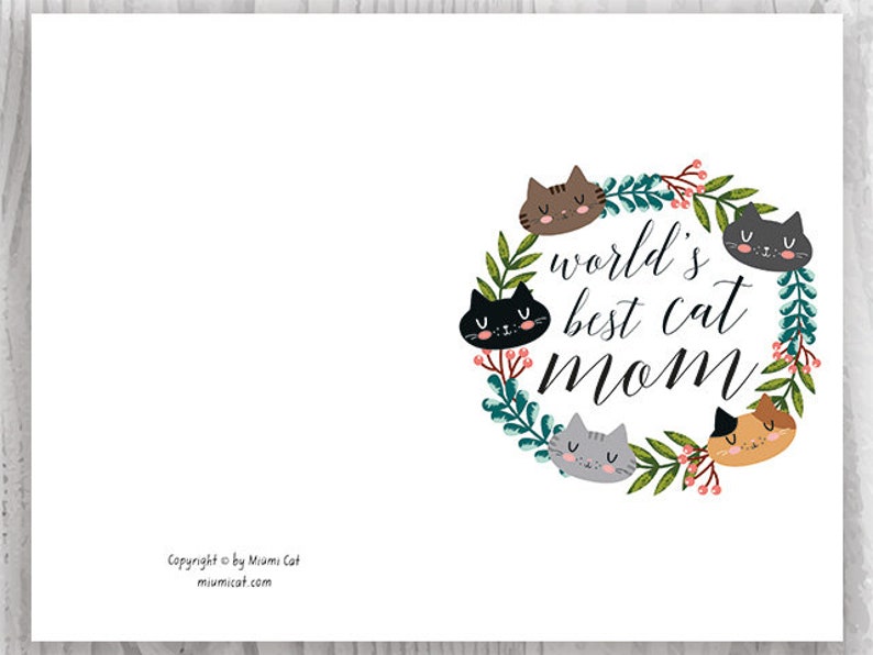 Cat Mom, Printable Mothers Day Card for Cat Mom, Floral Mother's Day Digital Card, World's Best Cat Mom, Kawaii, For Her, Fur Mom Cards image 3