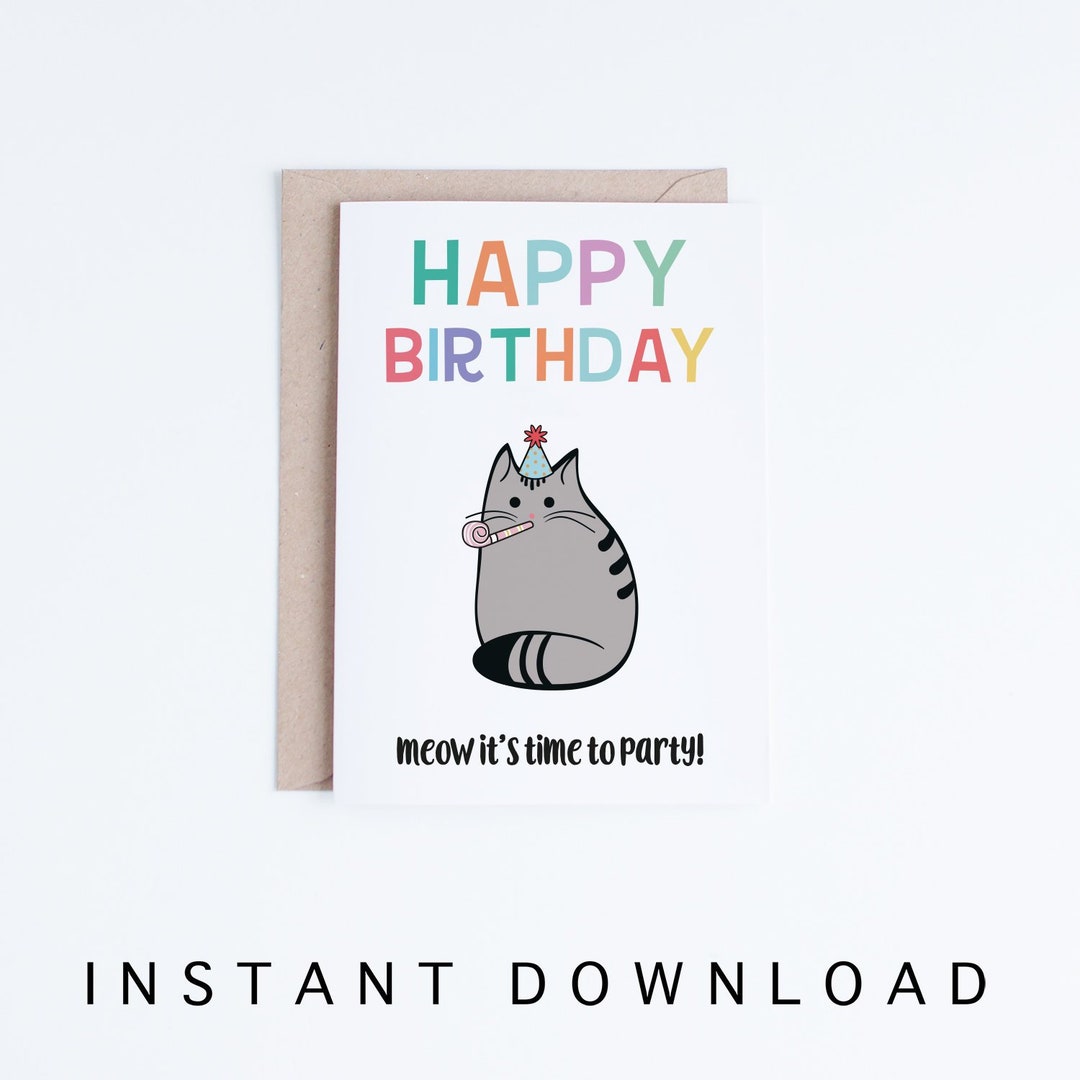 Happy Birthday Party Cat Card, Happy Birthday Cat Digital Card ...