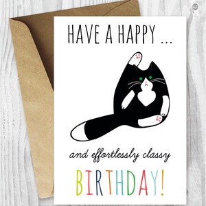 Cartes d'anniversaire imprimables, téléchargement instantané de cartes d'anniversaire drôle de chat, cartes imprimables de chat de smoking, chat noir et blanc, chat de léchage de cul, chats