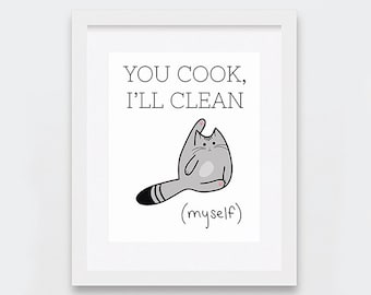 Kitchen Decor, Funny Cat Art Printable, You Cook I'll Clean Print, Crazy Cat Lady Decor, Funny Cats Art, Cat Kitchen, Silver Tabby Cat