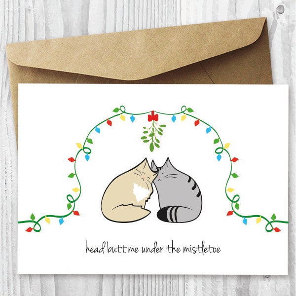 Christmas Cards, Printable Christmas Cat Cards, Love Cats, Printable Card, Mistletoe, Instant Download, Romantic Christmas Card, Kitty Love