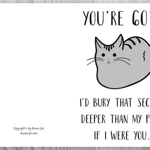 May include: A humorous greeting card featuring a cartoon gray cat with the text "YOU'RE 60?! I'D BURY THAT SECRET DEEPER THAN MY POOP IF I WERE YOU."