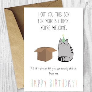 Carte d'anniversaire, carte numérique imprimable joyeux anniversaire chat, carte imprimable drôle, boîte chat, téléchargement immédiat, joyeux anniversaire de la part du chat