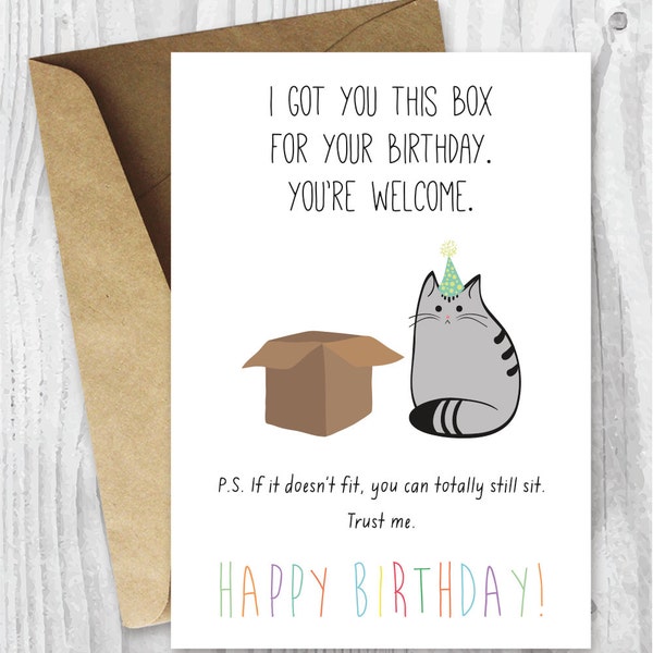 Carte d'anniversaire, carte numérique imprimable de chat joyeux anniversaire, carte imprimable drôle, boîte de chat, téléchargement immédiat, joyeux anniversaire du chat