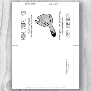 40th Birthday Card, Printable Birthday Card, Funny Cat Birthday Card ...