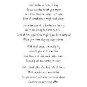 Pu&ograve; includere: Una poesia scritta a mano che esprime apprezzamento per un padre, con versi come "Just how much we appreciate you" e "We're not going to name names..."