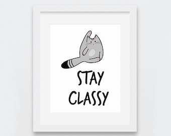 May include: A white framed print with a cartoon gray cat with a black tail and the text "STAY CLASSY" in black.