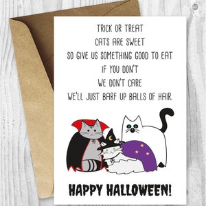Cartoline di Halloween, Cartoline stampabili di gatti di Halloween divertenti, Download digitali di Halloween, Carta di gatti di Halloween Dolcetto o scherzetto, Carta di poesia di Halloween