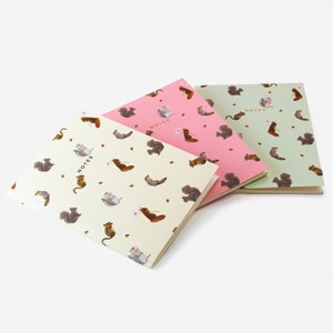 May include: Three notebooks with a squirrel pattern. The notebooks are cream, pink, and green. Each notebook has the word "NOTES" printed on the front.